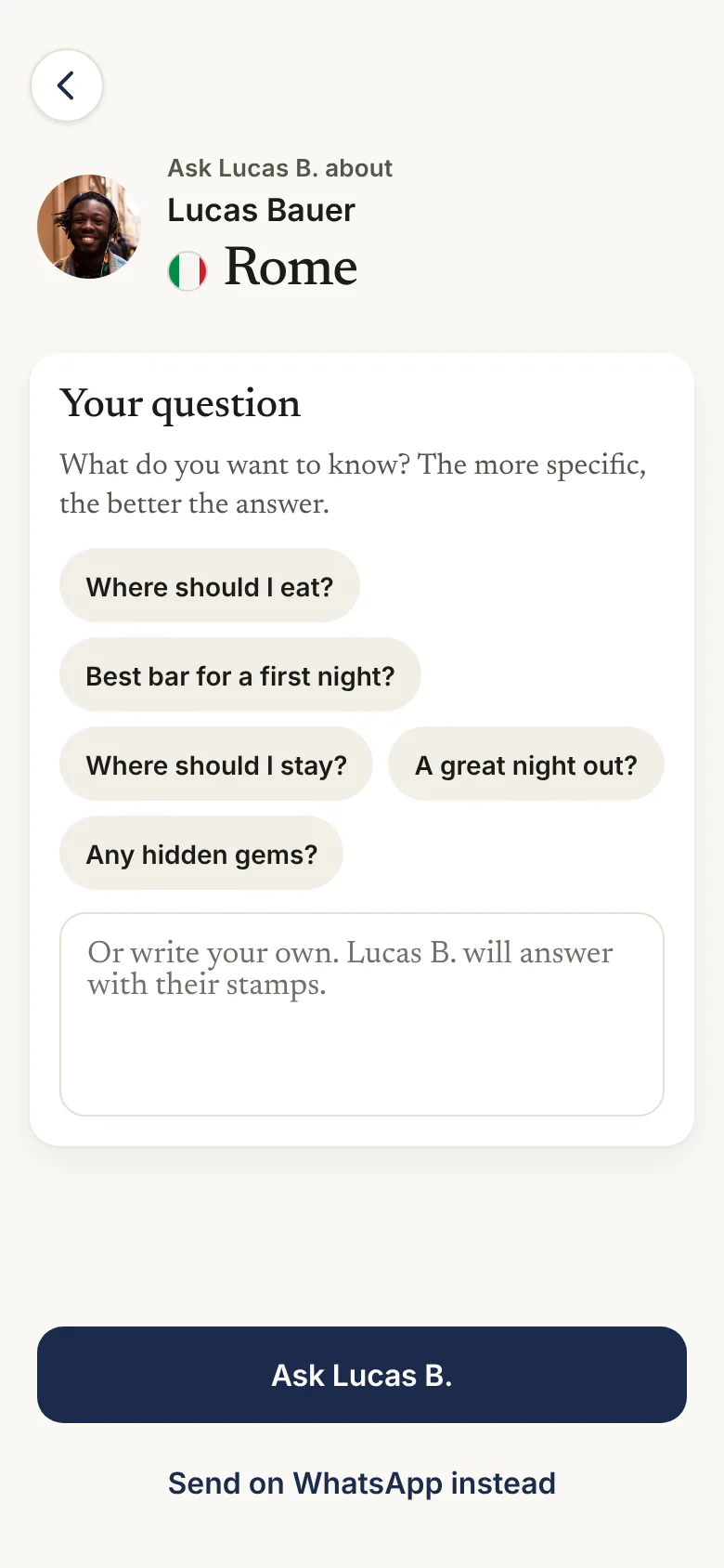 Asking Lucas about Rome: suggested questions and a box for your own.