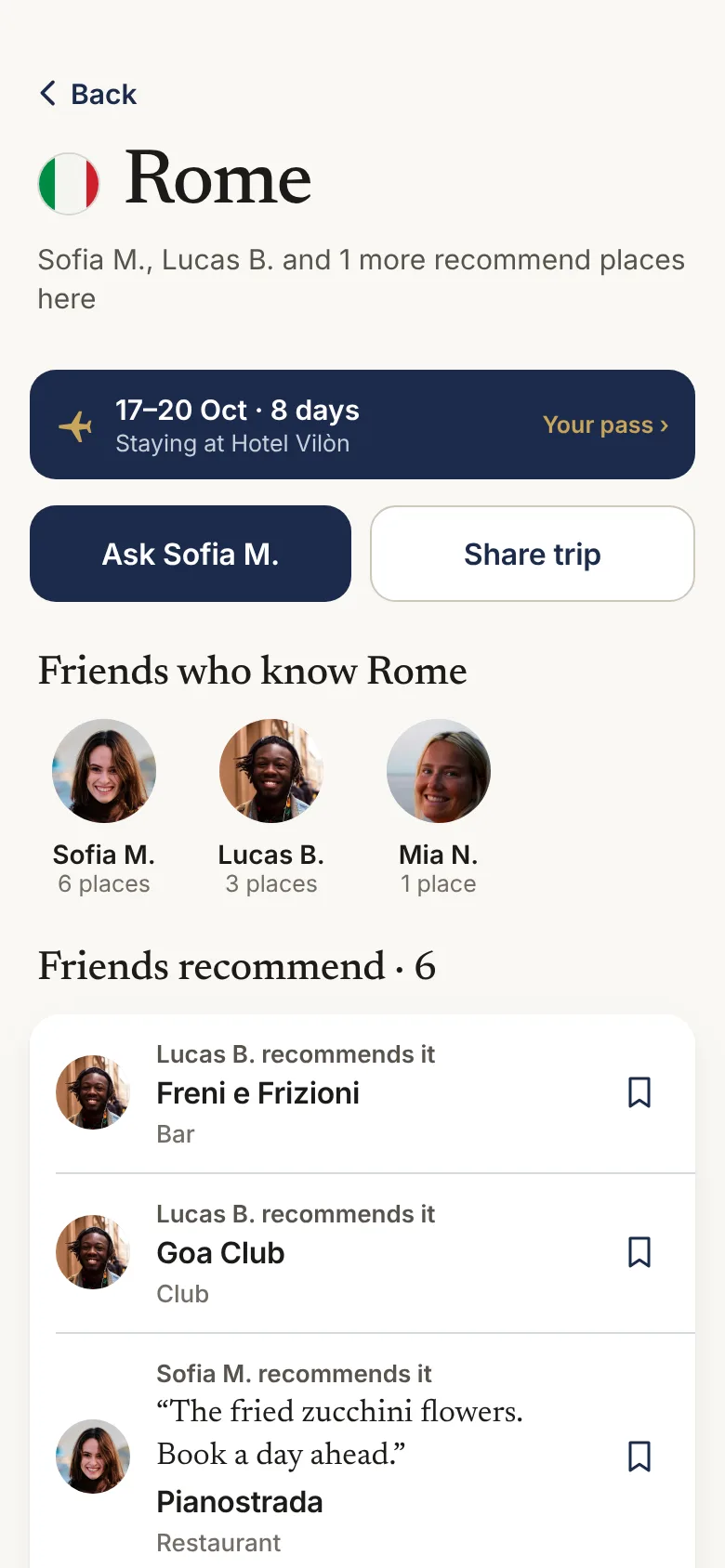 Wordof’s Rome page: your dates and hotel, friends who know Rome with their photos, and the places they recommend.