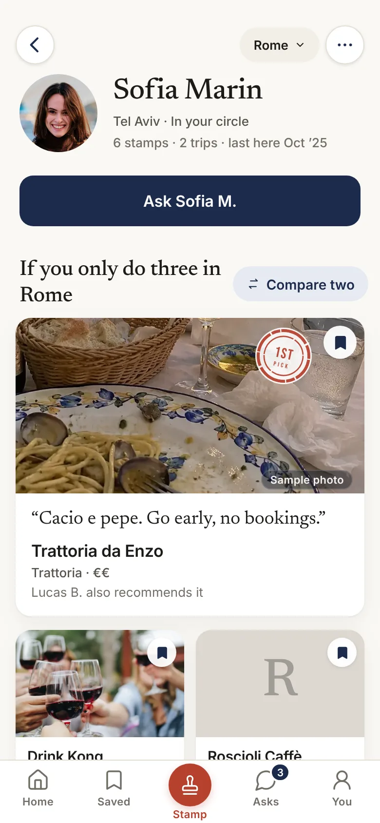 Sofia’s passport for Rome: her three top places, starting with Trattoria da Enzo and her words about it.